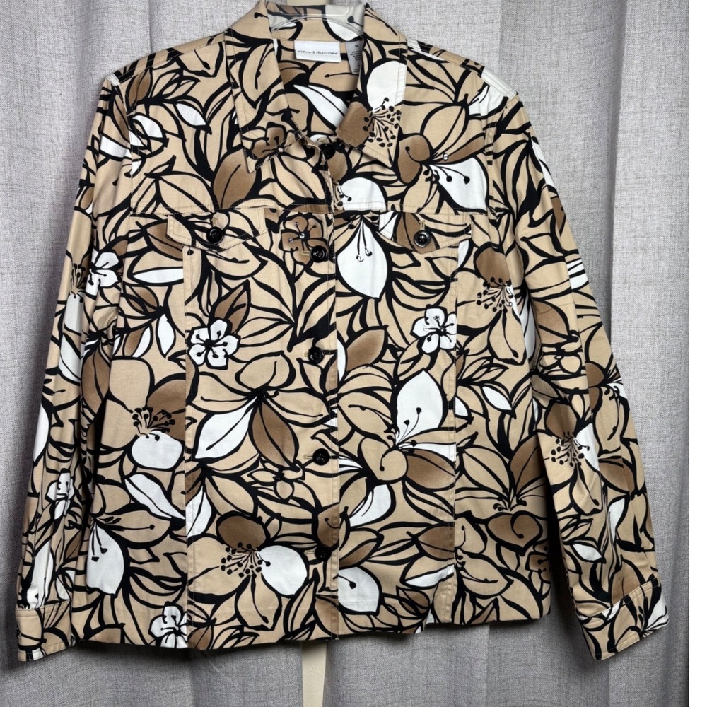 Alfred Dunner Womens Tan Black Floral Button Front Jacket Size 16 Cotton Blend
